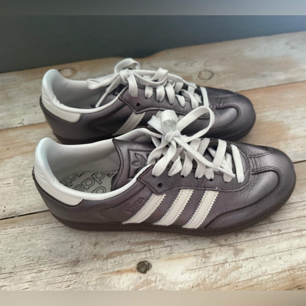 Women’s Adidas Sambas Metallic Purple and White Sneakers - Picture 2 of 5